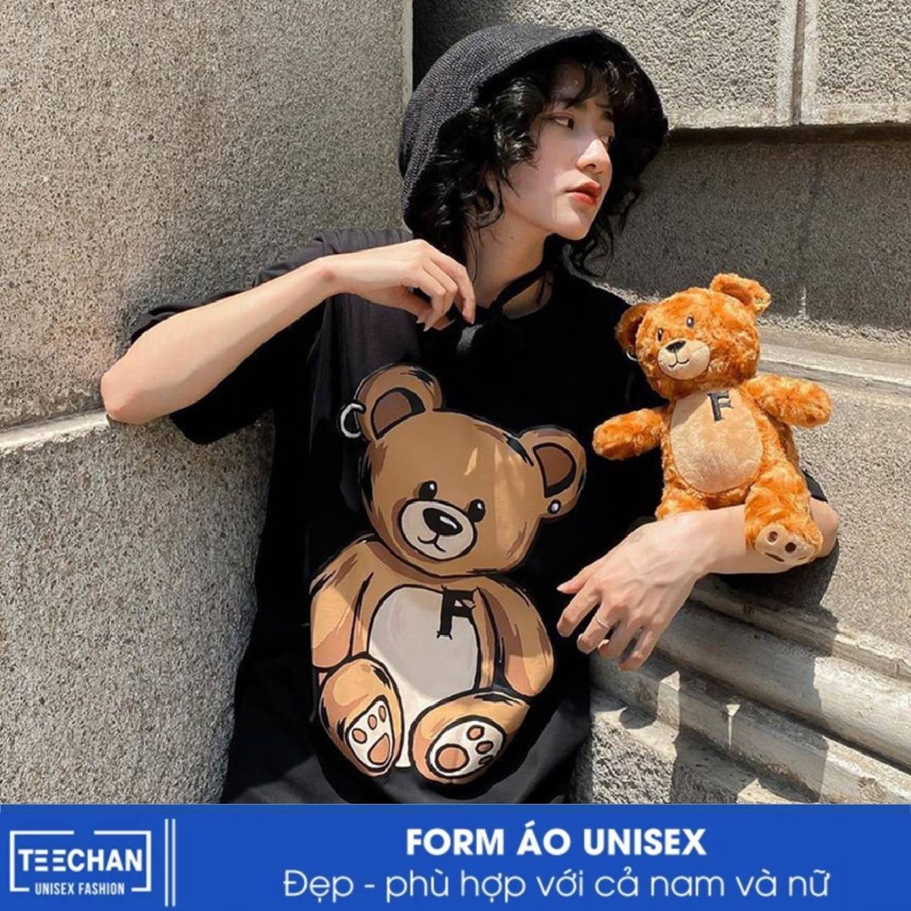 Áo Thun Unisex TEECHAN Tay Lỡ Form Rộng Nam Nữ GẤU NÂU TN94 - vải cotton phong cách Hàn Quốc Basic