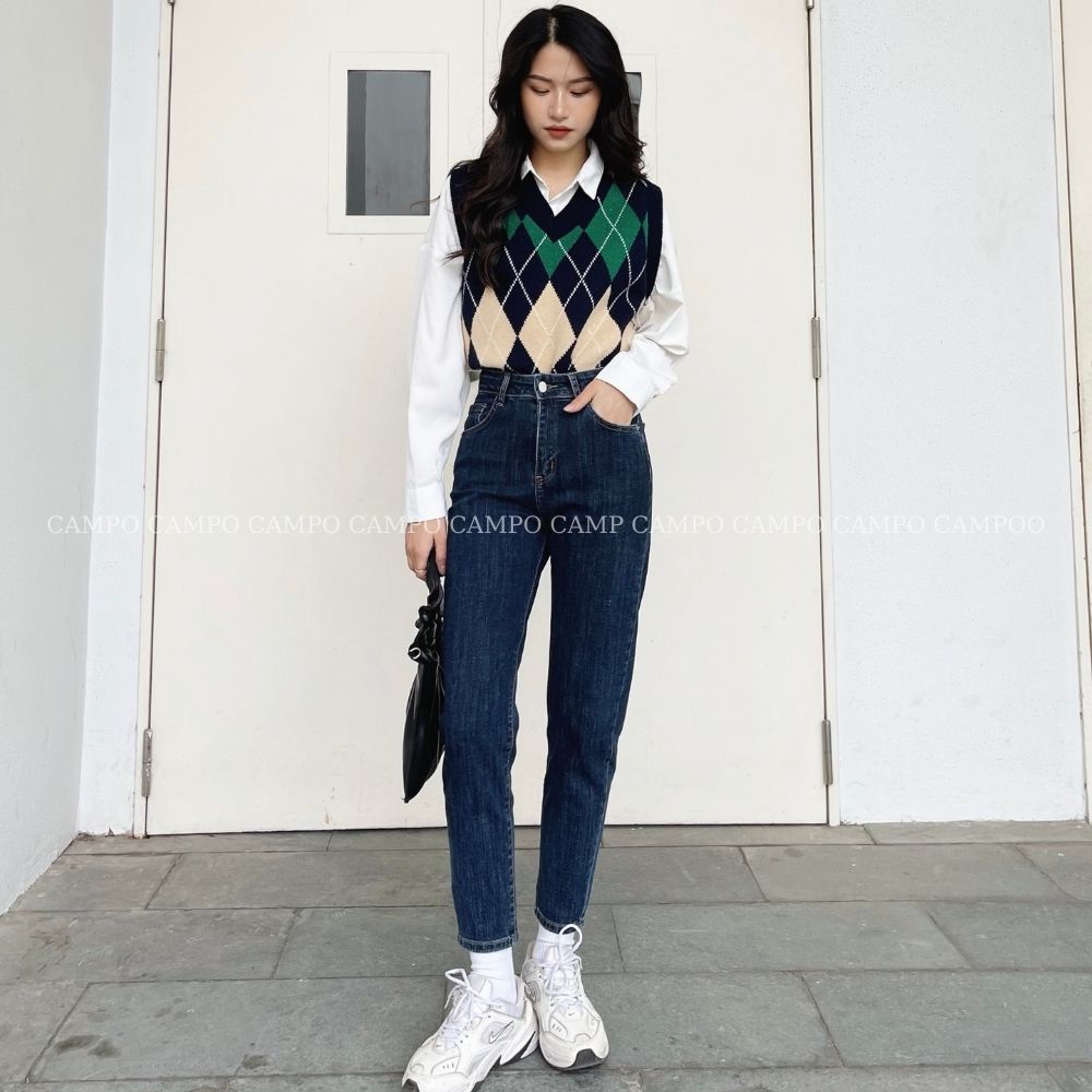 Quần bò baggy nữ xạnh đậm Campo lưng cao phong cách trẻ trung siêu hack dáng