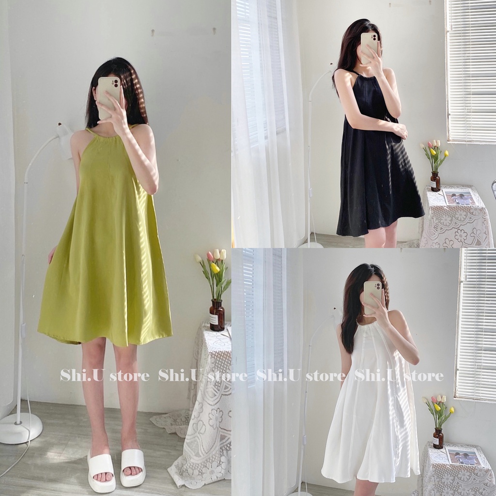 Váy yếm xanh bơ dây tết xếp ly sau lưng đầm thiết kế cài cúc sau sang chảnh 3 màu