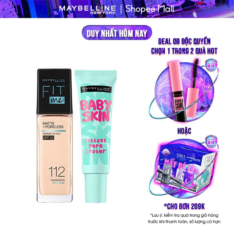 [Bộ trang điểm] Kem nền kiềm dầu chống nắng Fit Me 30ml + Kem lót mịn da Baby Skin 22ml Maybelline New York