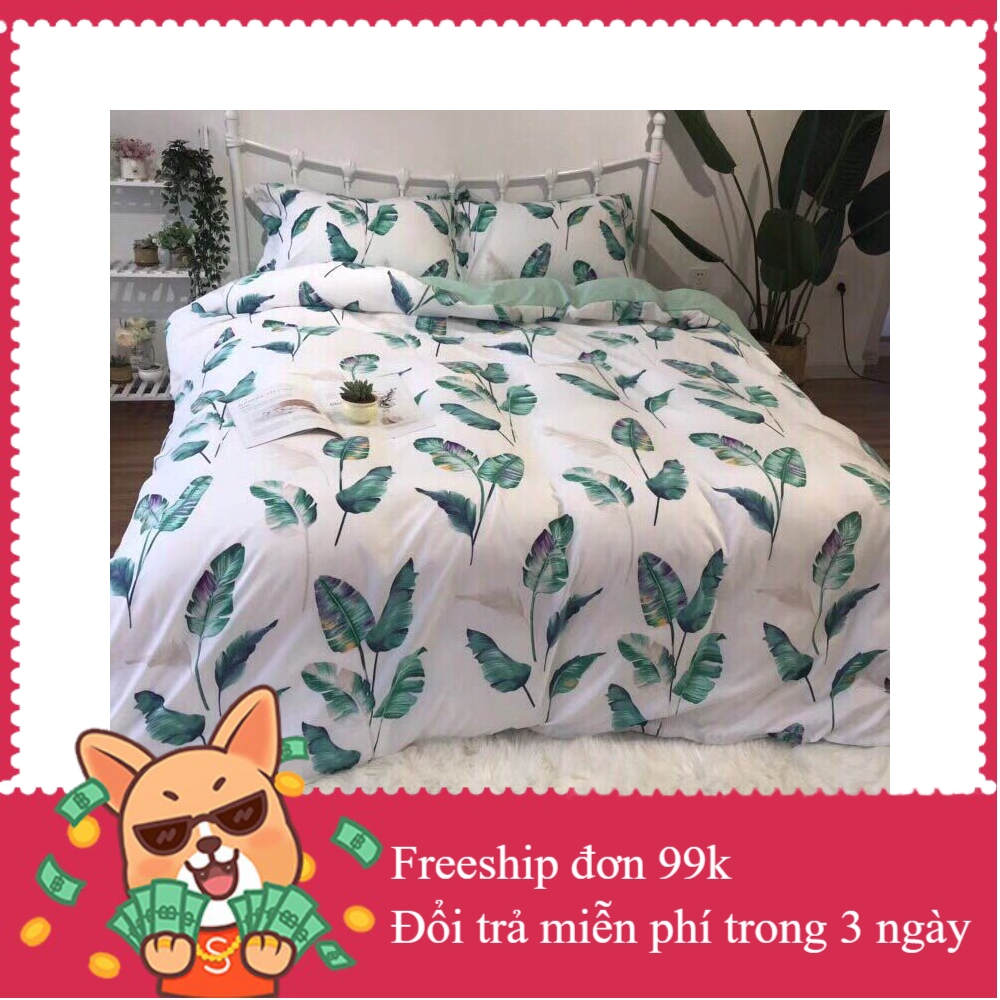 Bộ vỏ chăn ga gối cotton đũi cao cấp - lá chuối