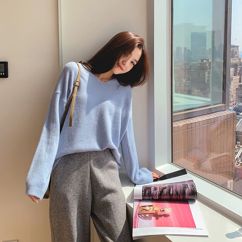 Áo Sweater Dệt Kim Cổ Chữ V Dáng Rộng Phong Cách Hàn Quốc Thời Trang Mùa Thu Cho Nữ