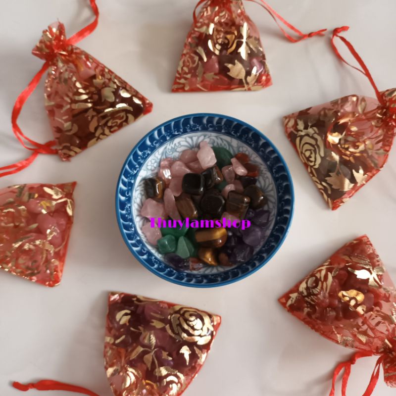 Túi gấm đá thô nhiều màu thanh tẩy năng lượng xấu, thu hút may mắn tài lộc