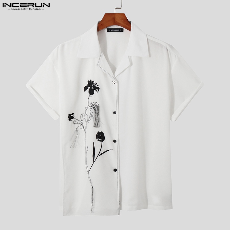 INCERUN Áo Sơ Mi Cổ Bẻ Tay Ngắn In Hoạ Tiết Đơn Giản Trẻ Trung Dành Cho Nam Giới
