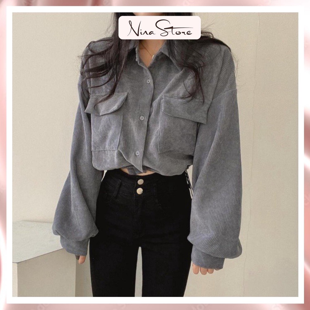 Áo sơ mi nhung nữ croptop tay phồng áo nhung dáng lỡ dài tay dáng rộng hàn quốc NinaStore