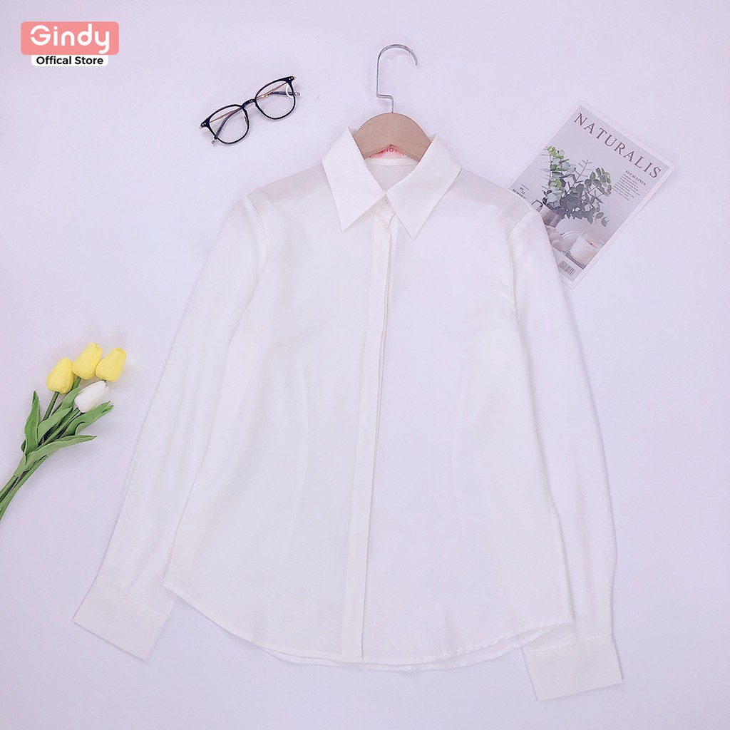 Áo sơ mi nữ trắng giấu cúc dài tay cổ bẻ GINDY dáng suông basic trơn thời trang xuân hè 2023 công sở, học sinh A6110