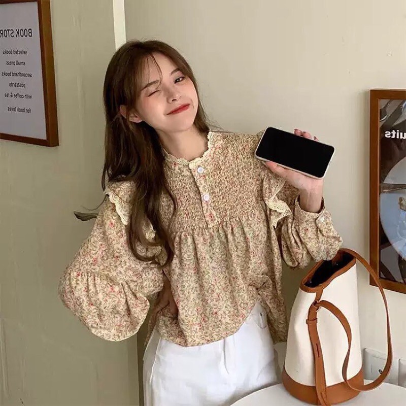 Áo sơ mi hoa chun ngực bèo vai
