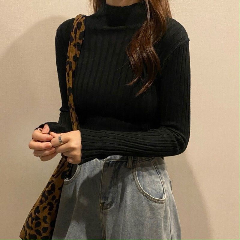 Áo Dệt Kim Cổ Lọ Tay Dài Dáng Ôm Họa Tiết Kẻ Sọc Thời Trang Mùa Đông Cho Nữ