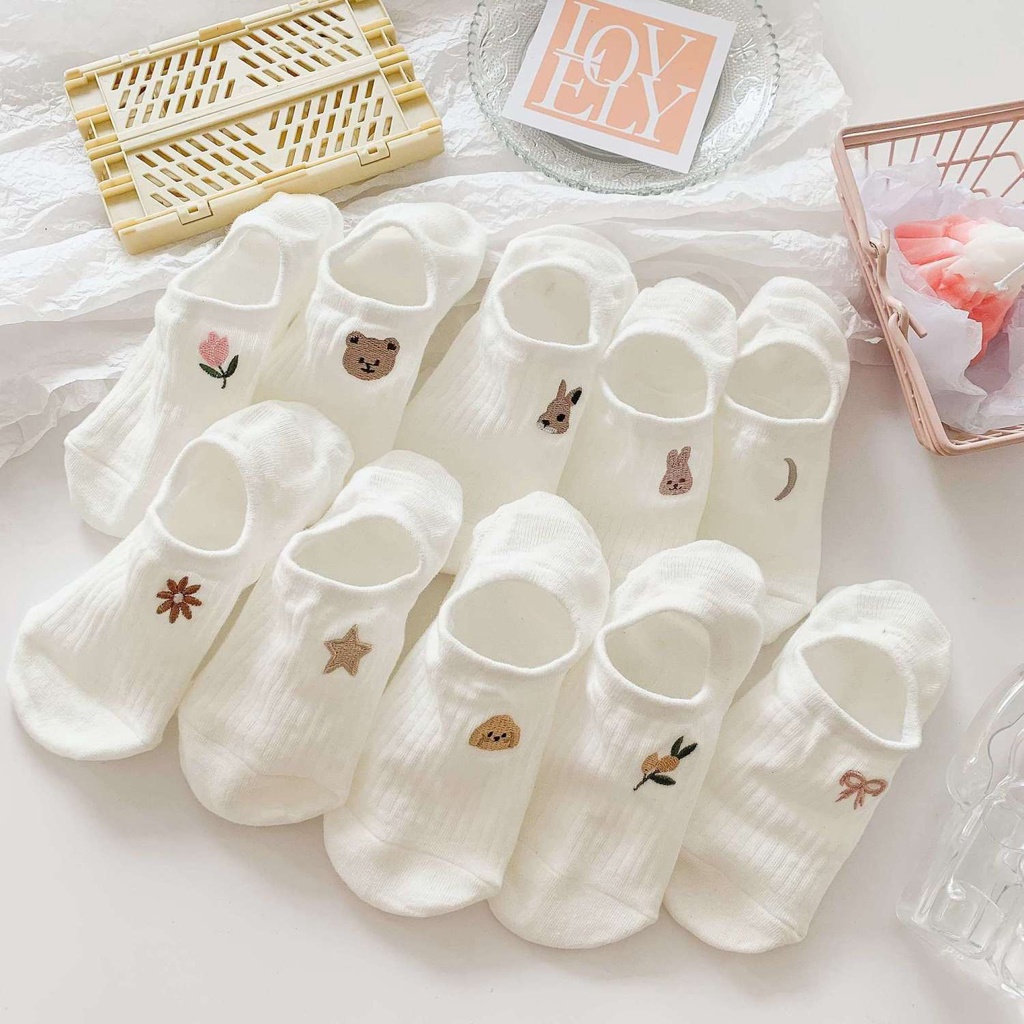 Vớ Thuyền Mỏng Vô Hình Màu Trắng Vô Hình Chống Trượt Thoáng Khí Thêu Hình Hoạt Hình Phong Cách Đặc Biệt Kiểu Mới Cho Nữ ins