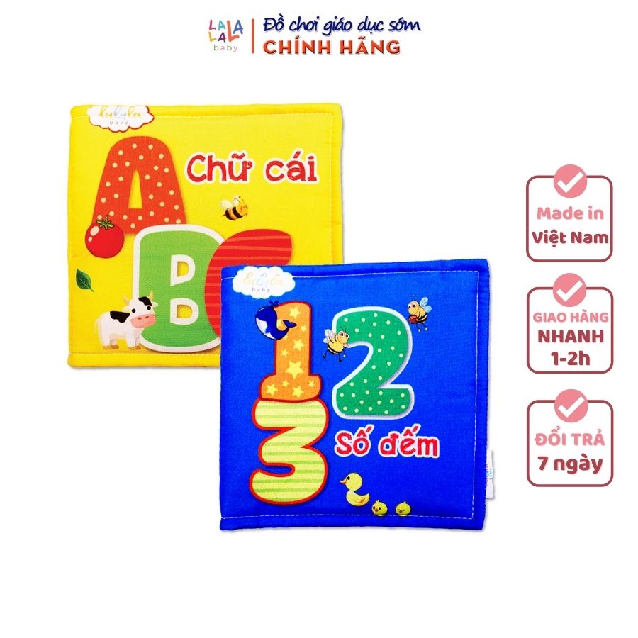 Combo 2 cuốn sách vải Lalala Baby kích thích đa giác quan, kích thước 15x15cm 12 trang (Số đếm, chữ cái) cho bé 0 - 4
