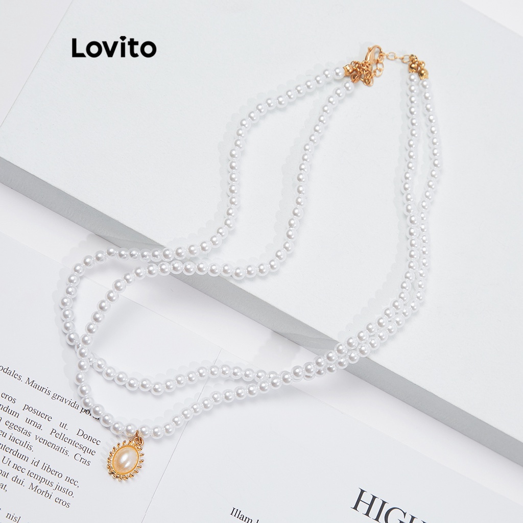 Vòng cổ Lovito hai lớp đính ngọc trai giả phong cách thường ngày L18M136 (màu trắng)