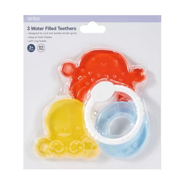Bộ ngậm nướu Anko Water Filled Teethers bộ 3 chiếc kèm vòng giữ, chất liệu an toàn, dùng cho bé từ 3 tháng tuổi
