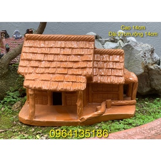 Tiểu cảnh nhà rơm hai gian làng quê Việt Nam h14cm gốm sứ Bát Tràng