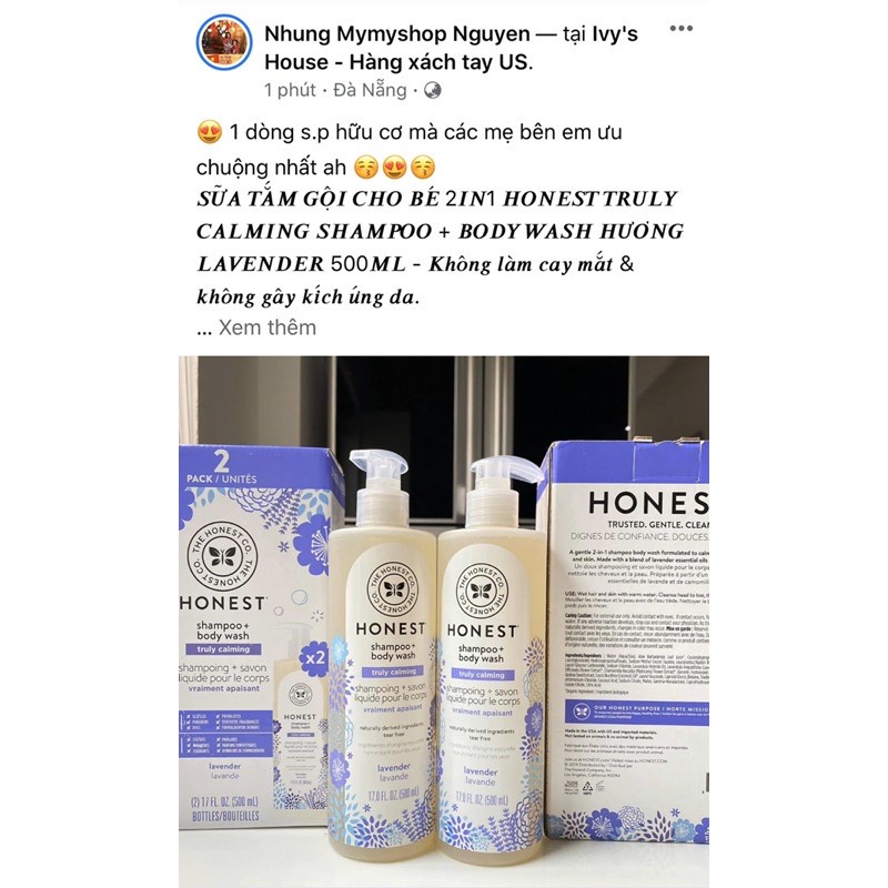 Sữa tắm gội Hữu cơ cho bé 2in1 Honest Truly Calming Shampoo + Body wash