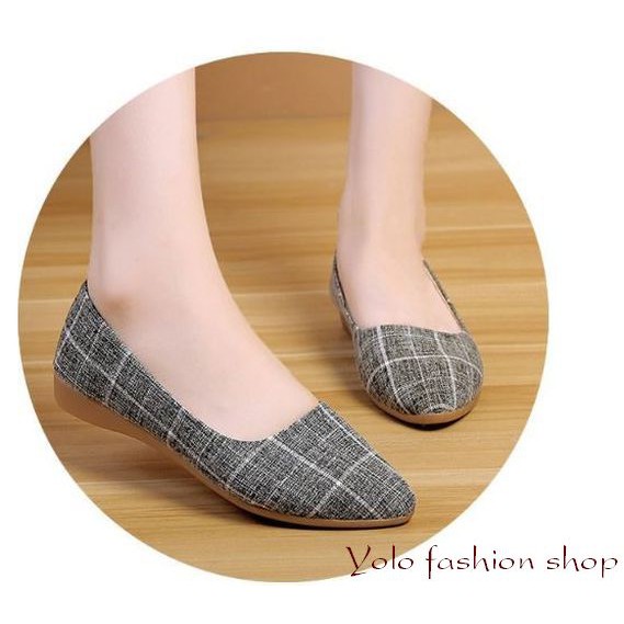 Giày búp bê nữ mũi nhọn da mềm kẻ caro đế 2cm cực êm chân -Kèm hình thật