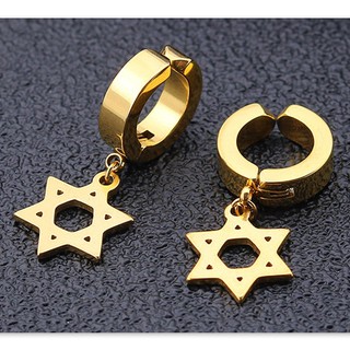 Bộ 2 bông tai lục giác ngôi sao màu vàng nam không bấm lỗ bông tai kẹp
