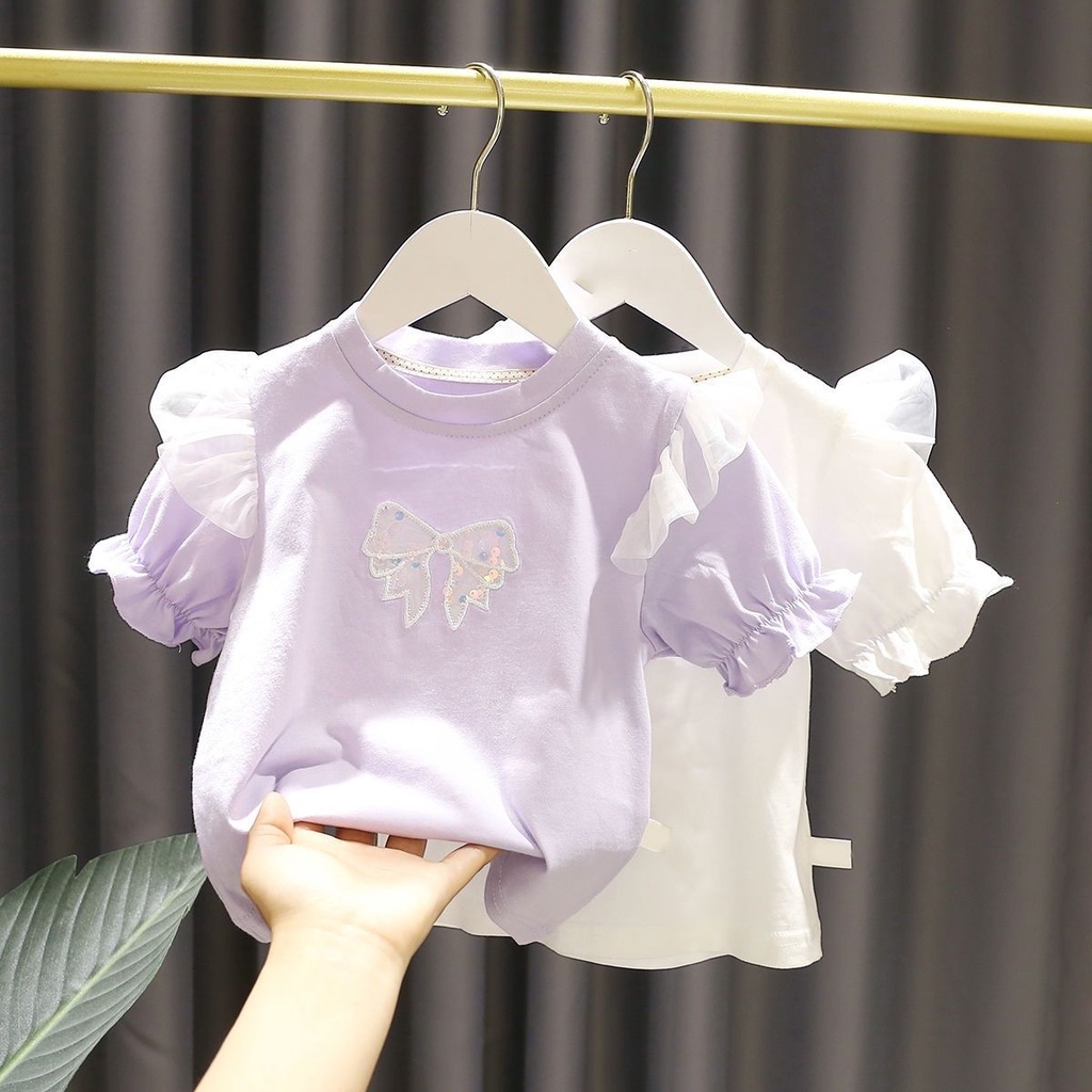 Áo Thun Cotton DàI Tay ThắT Nơ Xinh XắN Cho Bé GáI