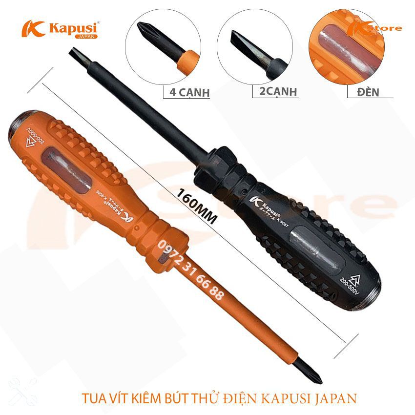 Bộ 2 tua vít cách điện 2 cạnh, 4 cạnh kiêm bút thử điện Kapusi JAPAN 200-500V 4x160MM, Tô vít kiểm tra dòng điện đa năng