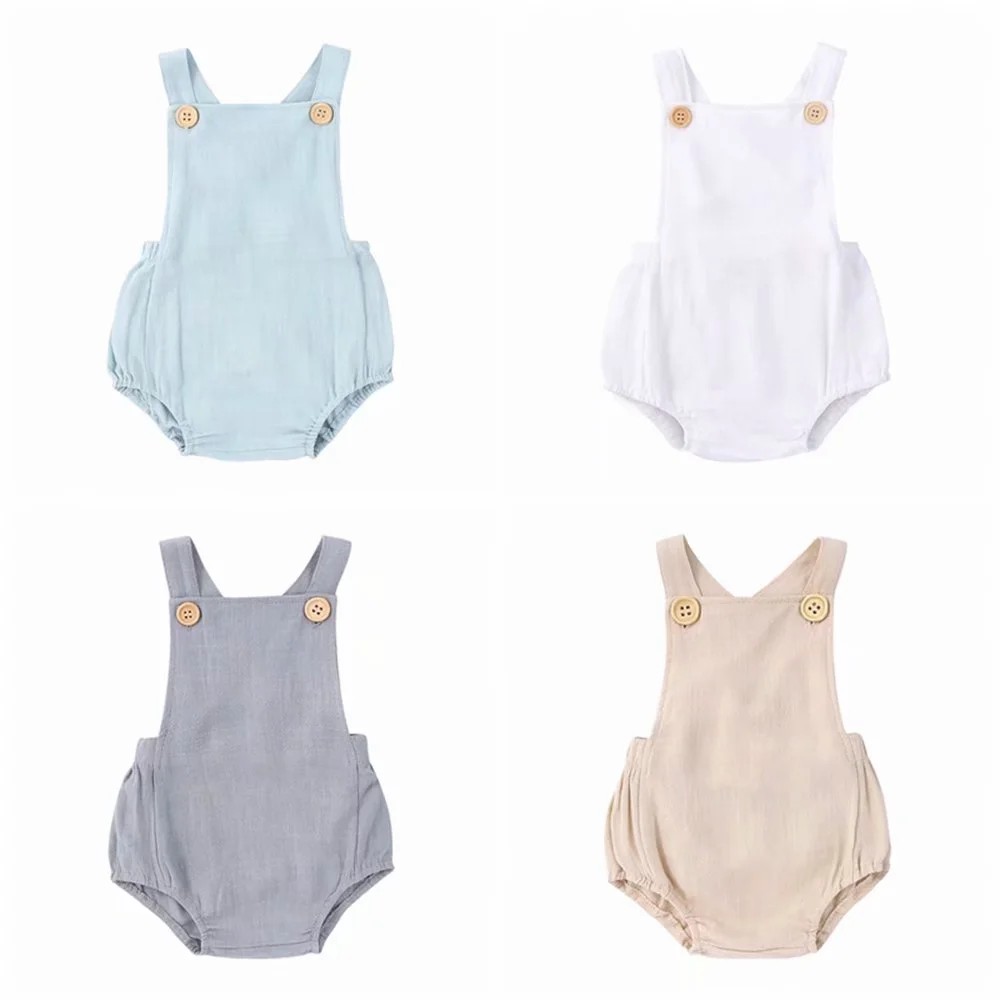 Bộ Áo Liền Quần Vải Cotton Lanh Mềm Mại Màu Trơn Dễ Thương Cho Bé Trai + Gái