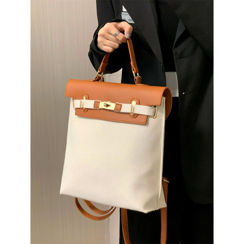 Balo cặp nữ đi học đi làm thời trang cao cấp giá rẻ vải phối da màu nâu trắng BLN0008 Hana Bags