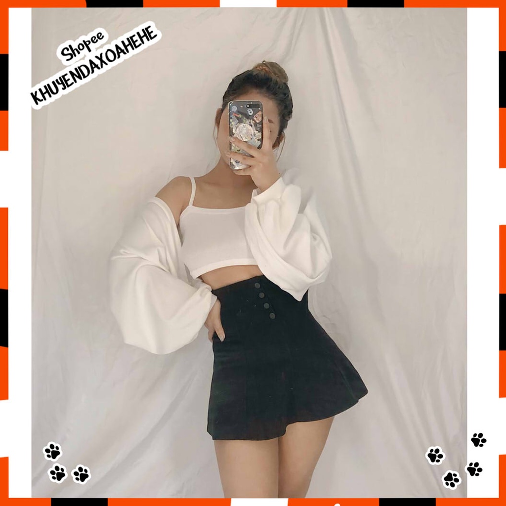 SA002 Set áo cardigan ngắn khoác mỏng, tay bo phồng và áo hai dây croptop ôm body sexy phong cách bánh bèo tiểu thư cute