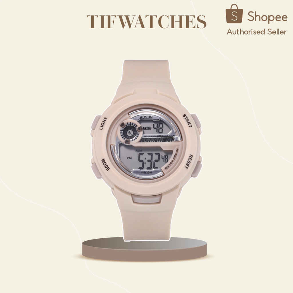 Đồng hồ thể thao nam nữ YOKO màu be đồng hồ điện tử unisex Watchesbytif size 35mm kèm bấm giờ, báo thức điện tử