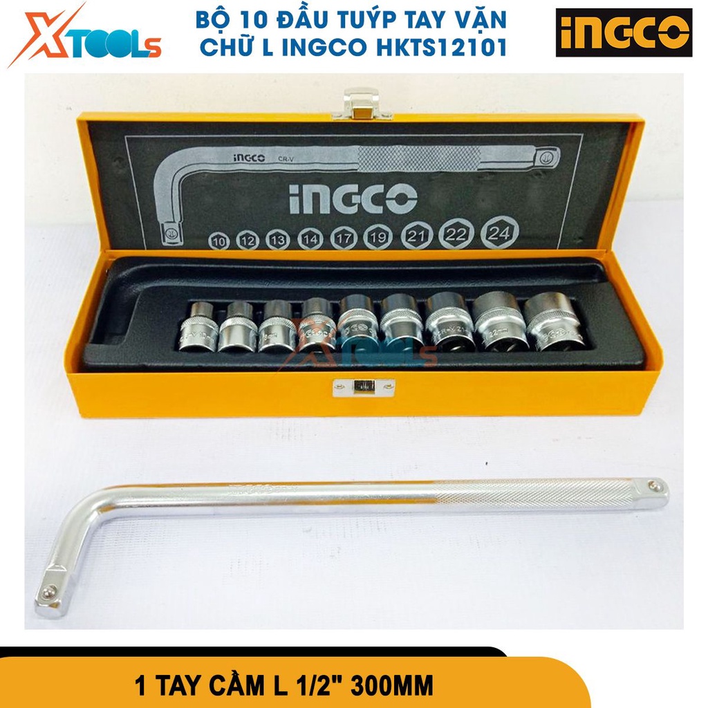 Bộ 10 đầu tuýp tay vặn chữ L 1/2 inch INGCO HKTS12101 bộ đầu tiếp và cần siết lực 10-24mm thép CR-V [CHÍNH HÃNG][XTOOLS]