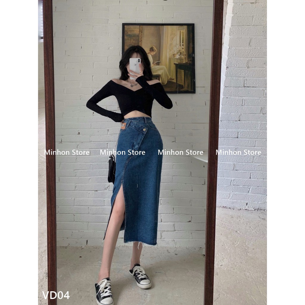 Đầm Bò, Chân Váy Jean Nữ Dài Xẻ Tà Cạp Cúc Lệch Phá Cách, Cá Tính (Minhon Store VD04)