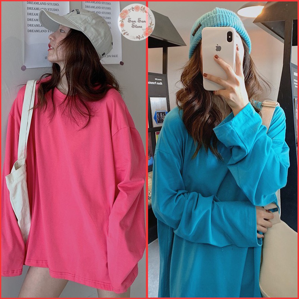 Áo Thun Nữ Tay Dài Form Rộng, Áo Sweater Màu Trơn Basic Dáng Rộng HiMie