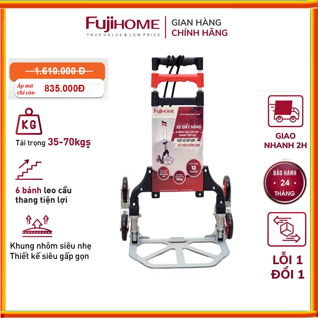 Xe kéo đẩy hàng leo cầu thang 6 bánh 70kg gấp gọn Nhập Khẩu Fujihome, xe đẩy hàng lên xuống đa năng siêu thị