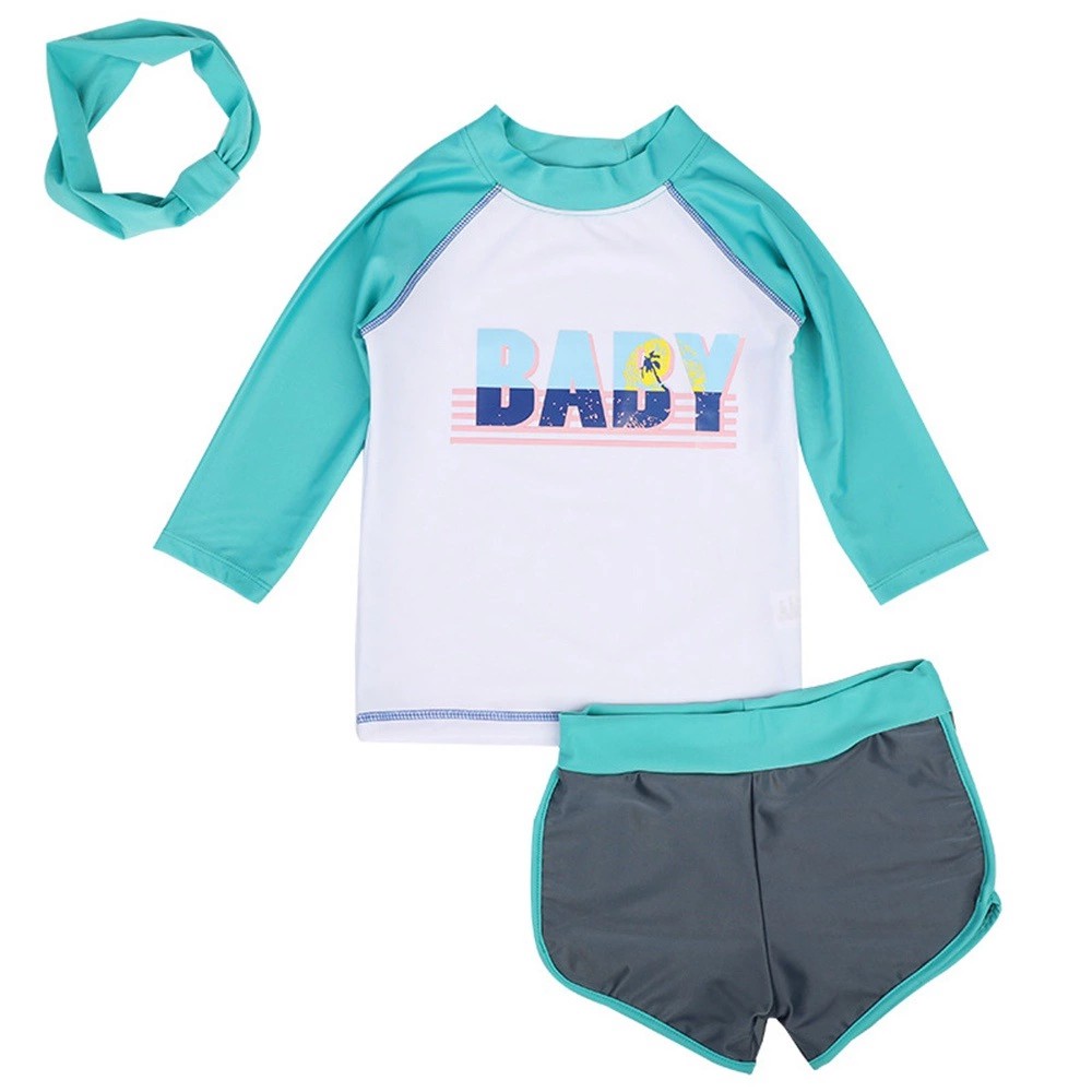 Bộ đồ bơi gồm áo tay dài + quần ngắn + băng đô cho bé gái