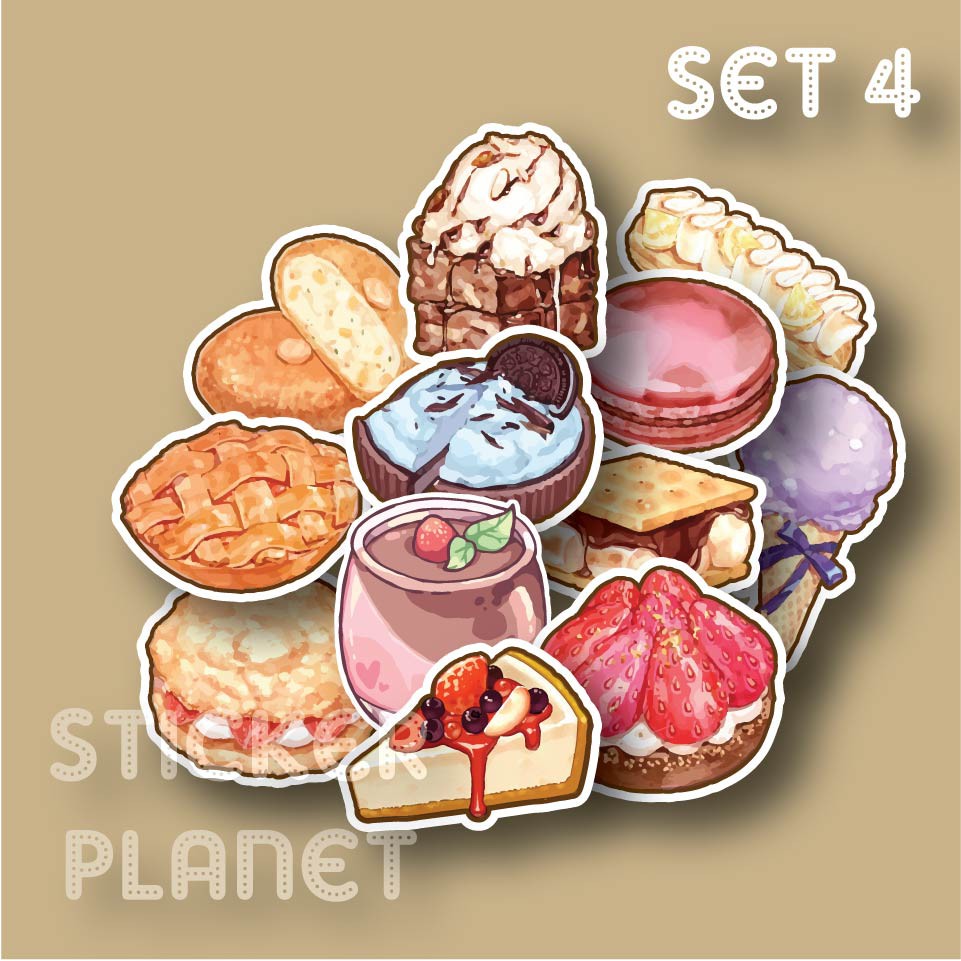 Bộ sticker chống thấm nước trang trí mũ bảo hiểm, đàn, guitar, ukulele, điện thoại laptop chủ đề đồ ăn điểm tâm