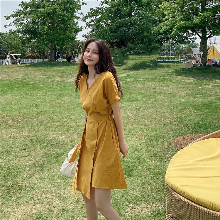 IELGY IELGY Đầm Nữ Dáng Vừa Màu Vàng Phong Cách Cổ Điển Thời Trang Xinh Xắn