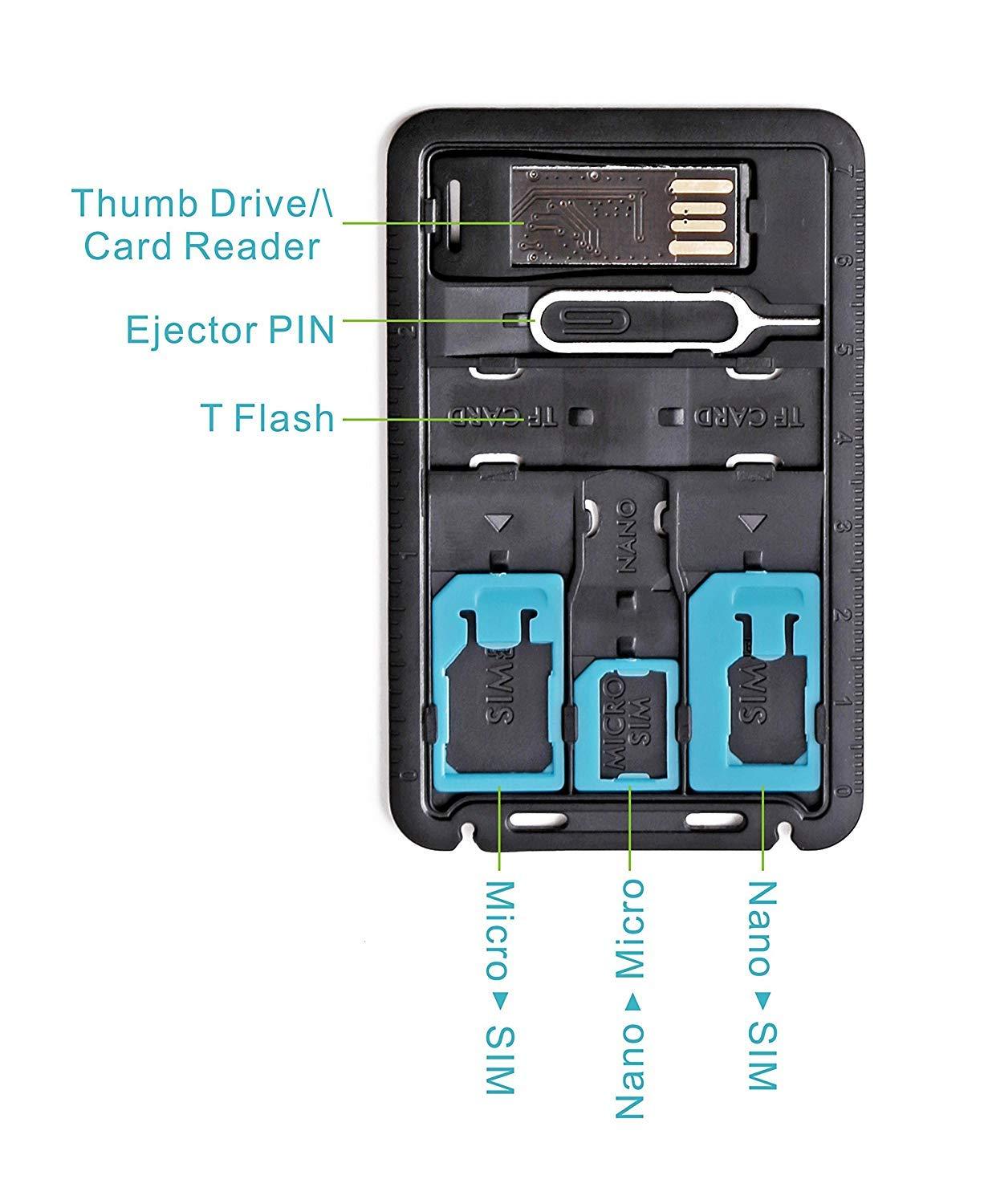 All in One Credit Card Size Slim SIM Adapter kit with TF card reader & SIM Card Tray Eject Pin, SIM Card holder