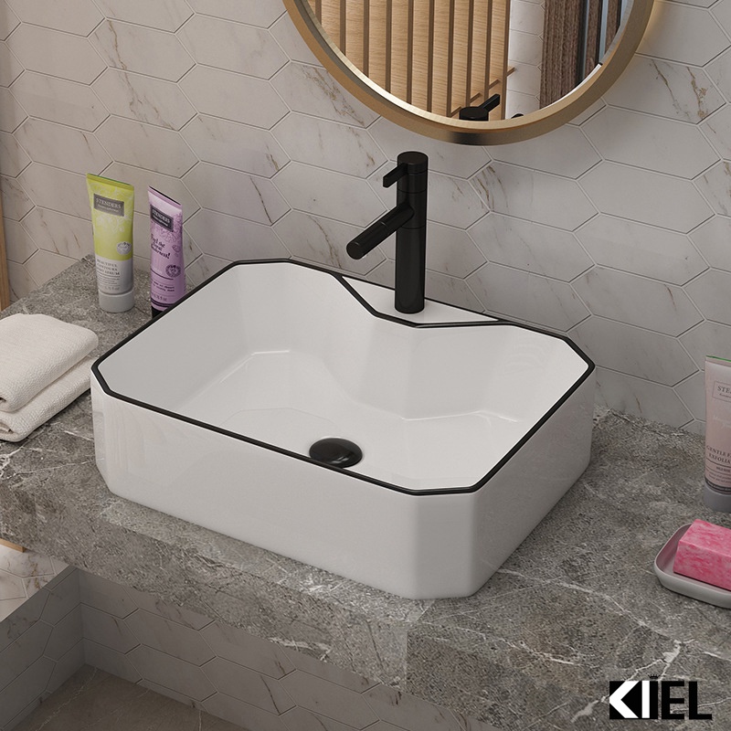 Chậu rửa mặt lavabo đặt bàn chữ nhật viền đen hàng chính hãng cao cấp - bảo hành 10 năm men sứ .