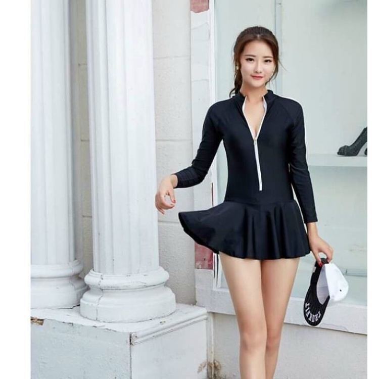 Bộ bơi nữ kín đáo liền váy tay dài trơndây kéo ngẫu nhiên