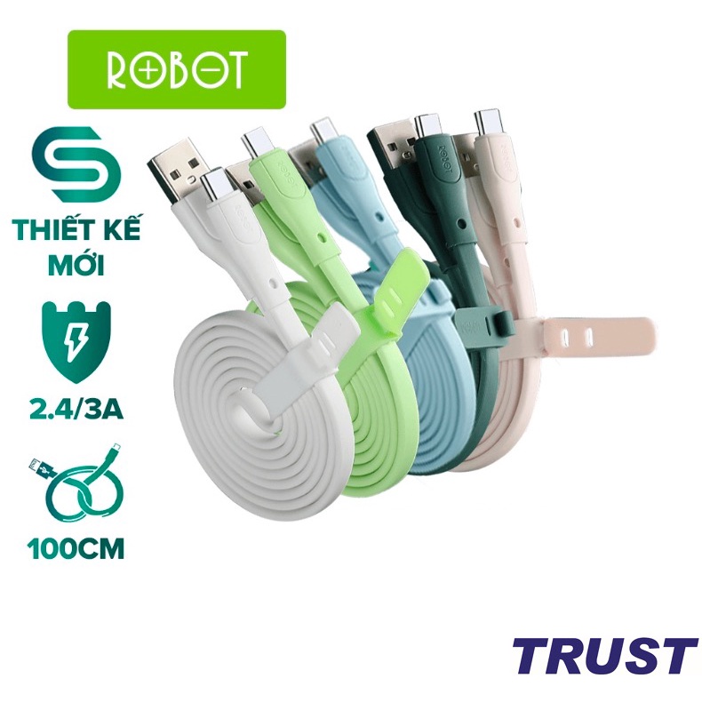Cáp Sạc Nhanh USB ROBOT RGL100/RGC100/RGM100 Dây Cao Su Dẹp Chống Rối Dài 1m 100CM- Màu Sắc Trẻ Trung
