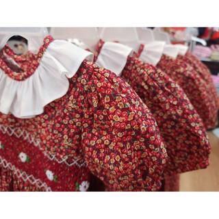 Đầm smock đỏ bản trám nâu