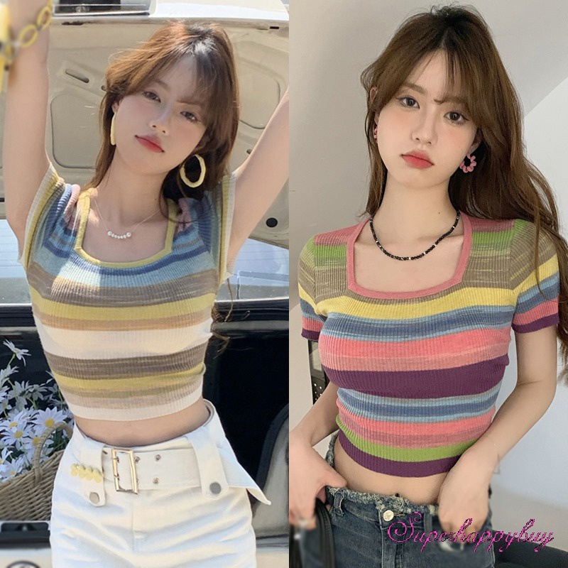 Áo Dệt Kim Ngắn Tay Cổ Vuông Ôm Dáng Họa Tiết Kẻ Sọc Nhiều Màu Sắc Cho Nữ