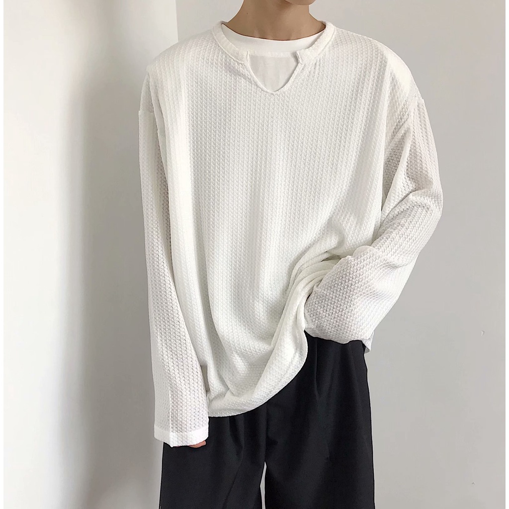 Áo thun unisex vải dệt kim tay dài cổ chữ V thiết kế trẻ trung đơn giản phong cách Hàn Quốc cho các cặp đôi