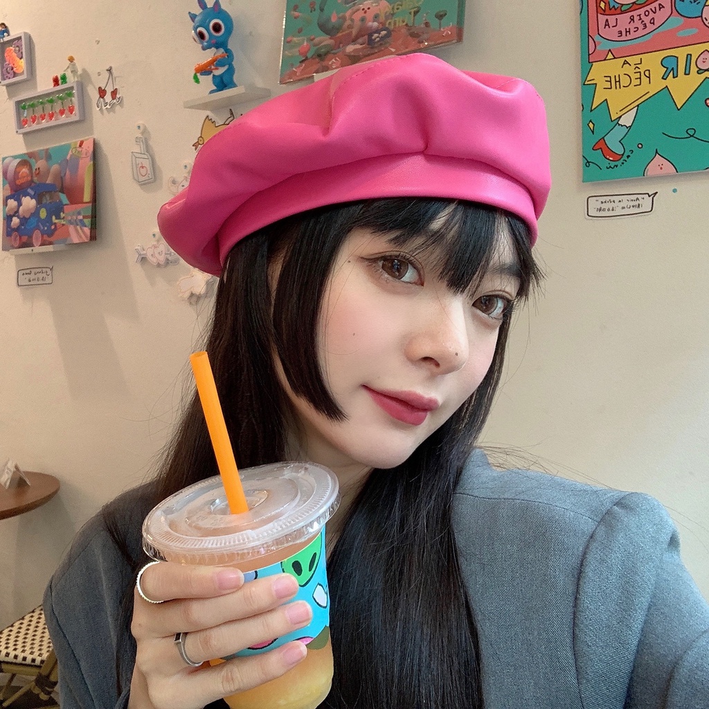 Mũ Nồi Da pu Màu Hồng Phong Cách Retro Anh Quốc Dễ Phối Đồ Thời Trang Thu Đông Cho Nữ