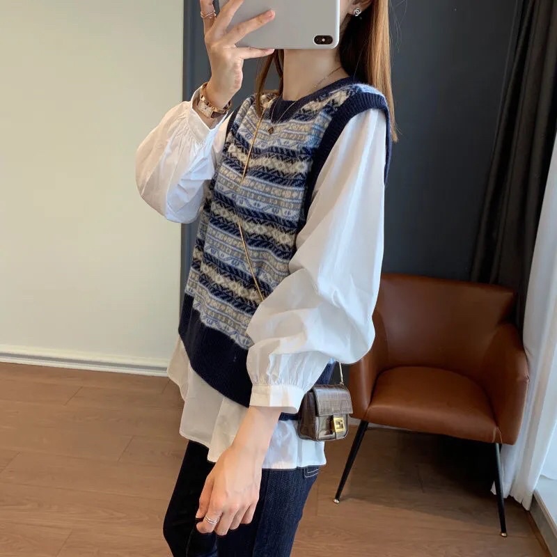Áo Sơ Mi Giả Gile thổ cẩm dệt kim dài tay phong cách Retro( ảnh thật ở cuối)