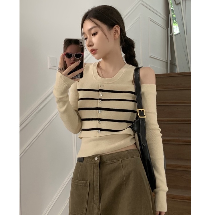 Áo QKOOLE dệt kim tay dài cổ tròn phong cách Hàn Quốc xinh xắn cho nữ