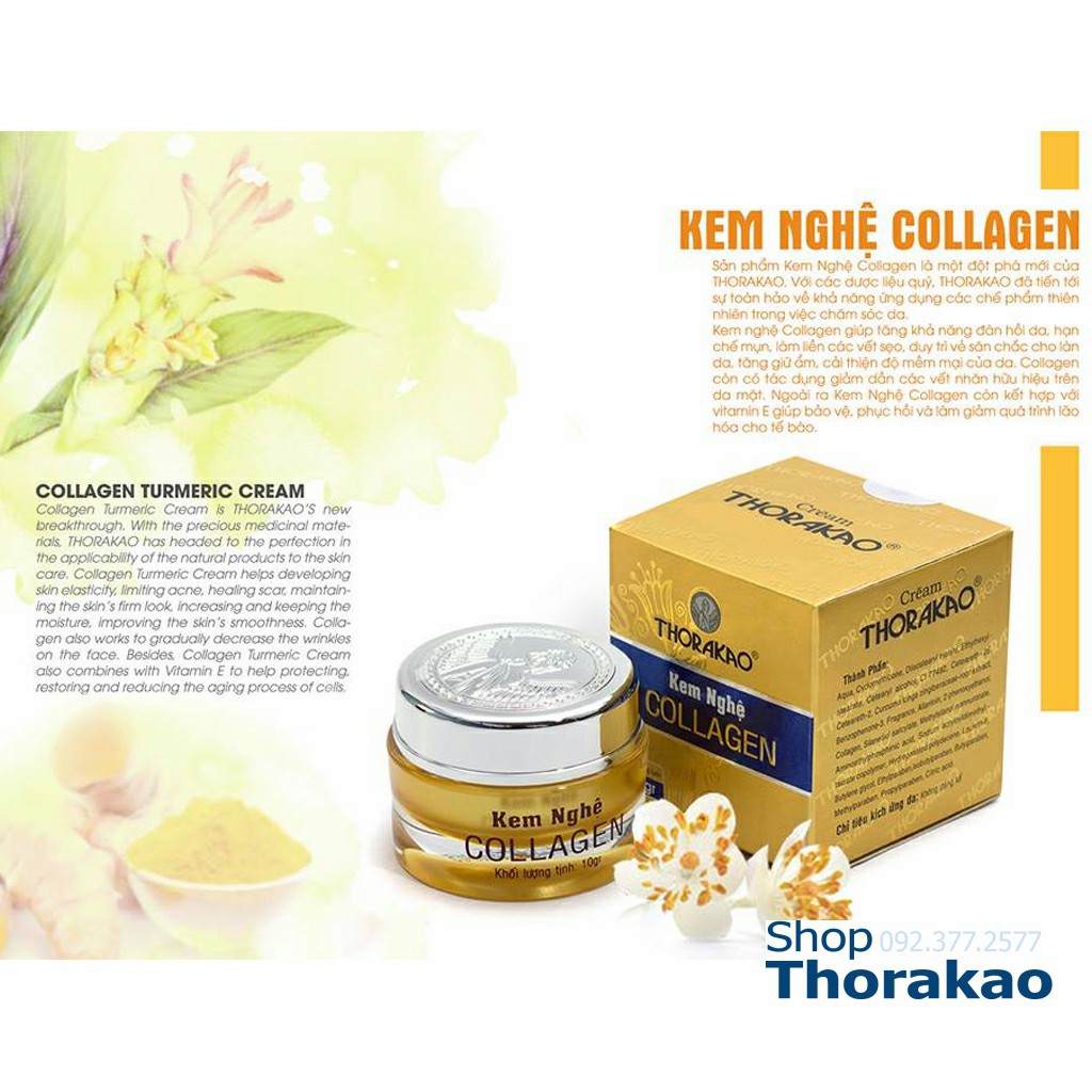 Kem Nghệ Collagen 10g Thorakao giúp tăng khả năng đàn hồi da, hạn chế mụn, làm liền các vết sẹo, duy trì vẻ săn chắc