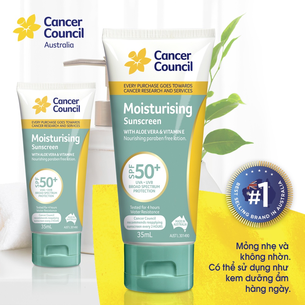 Cancer Council Kem Chống Nắng Moisturising Aloe Vera, Vitamin E dưỡng ẩm SPF50+ 35ml