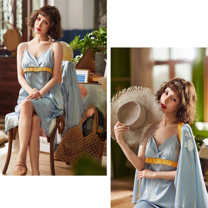 Đầm Hai Dây Kèm Áo Choàng Ngủ ✽ Lụa Mềm ✿ ❊ Ivysweethome Sang Trọng IVY151