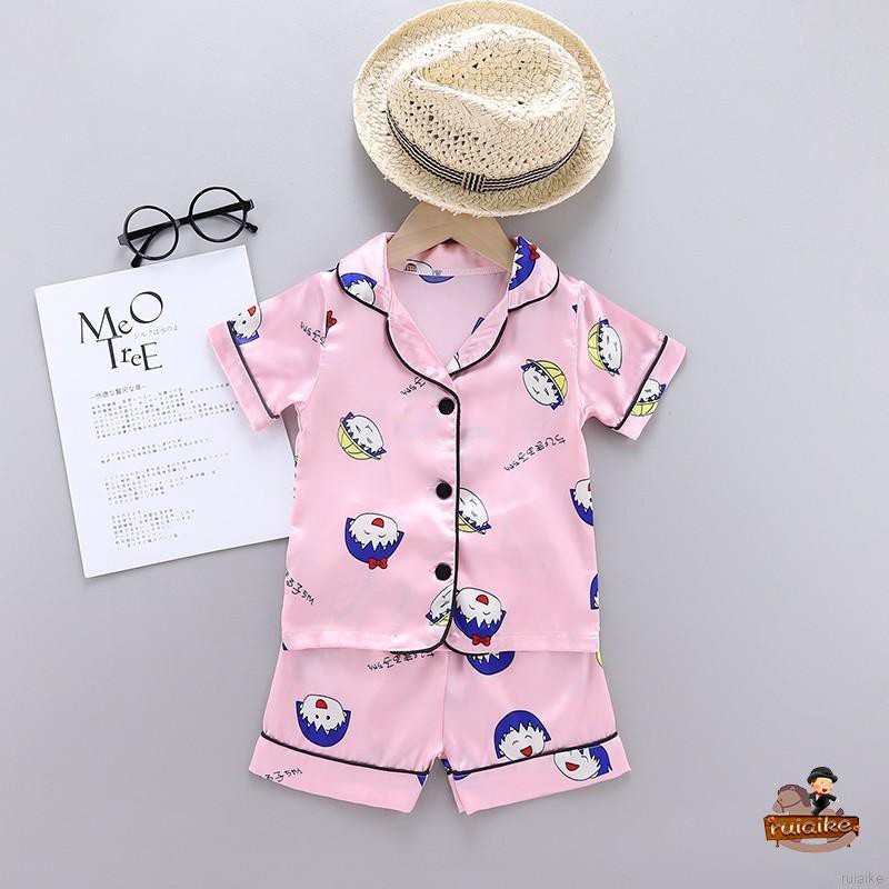 Bộ Đồ Ngủ Ngắn Tay Bằng Lụa Satin In Họa Tiết Hoạt Hình Dành Cho Các Bé