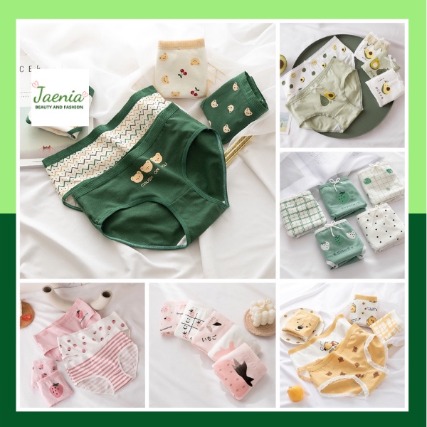 Set 3 Quần Lót Cotton Nâng Mông Thông Hơi Co Dãn 4 Chiều Hoạ Tiết Dễ Thương JAENIA