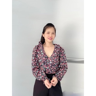 Áo voan nữ cổ v viền bèo tay dài - a06