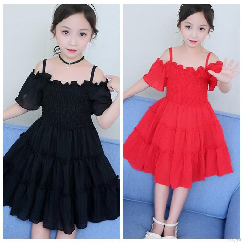 Đầm hai dây hở vai thời trang mùa hè màu lạt cho bé gái
